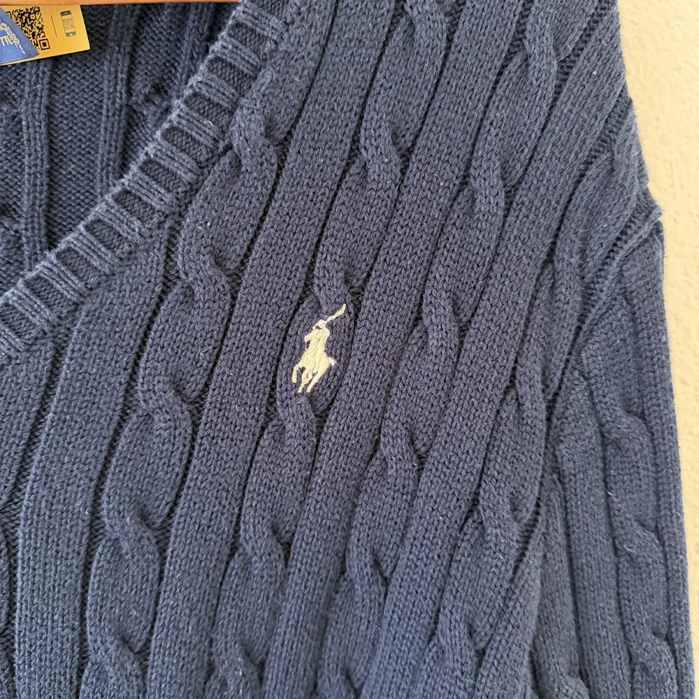Polo Ralph Lauren Cable Knit Sweater Mens 2XL (Fits M) Navy V Neck Preppy